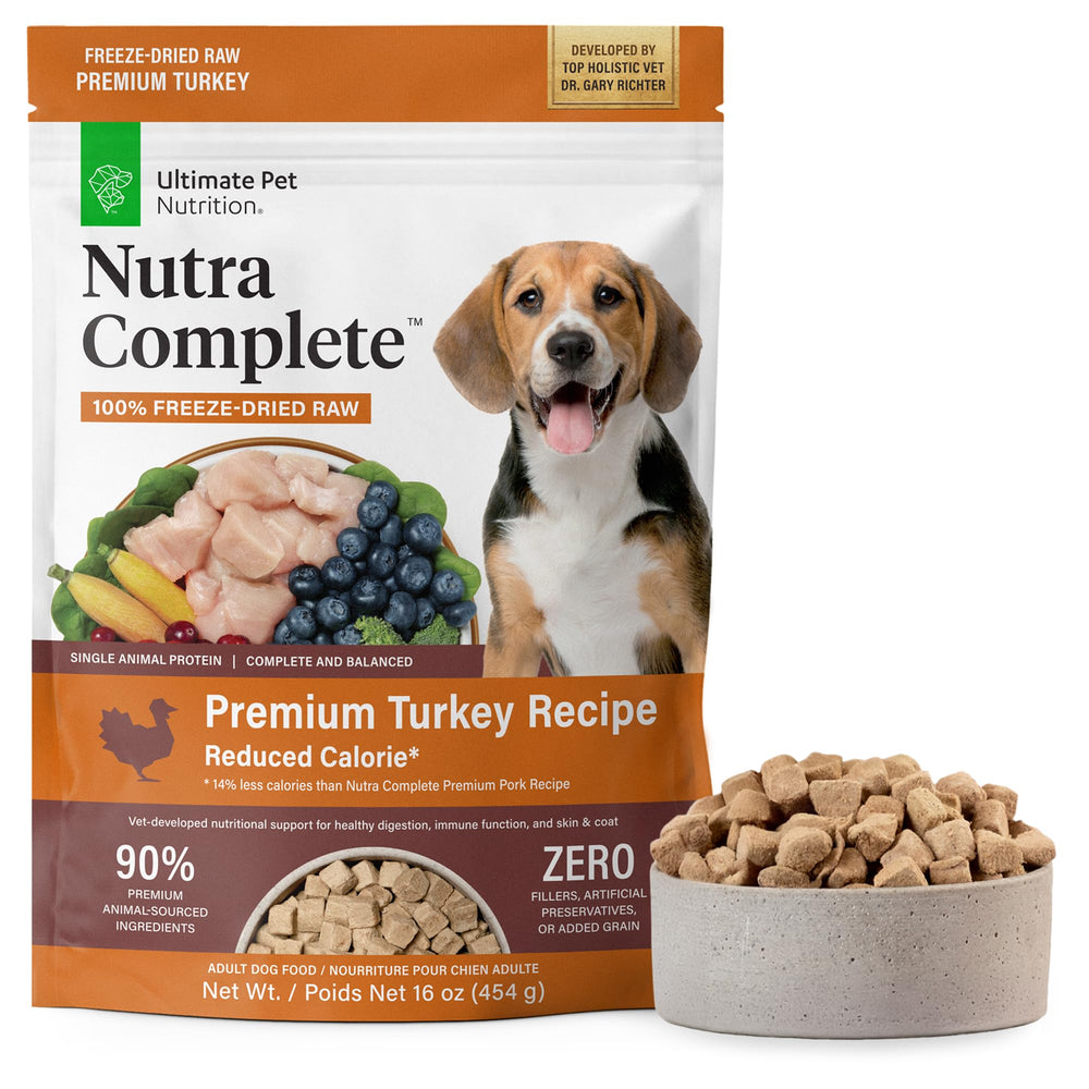 Nutra Complete dinde en bouteille Ultimate Pet Nutrition, source de protéines et énergie.