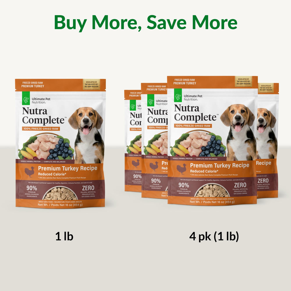 Nutra Complete dinde portions et vitamines couvrant le quotidien.
