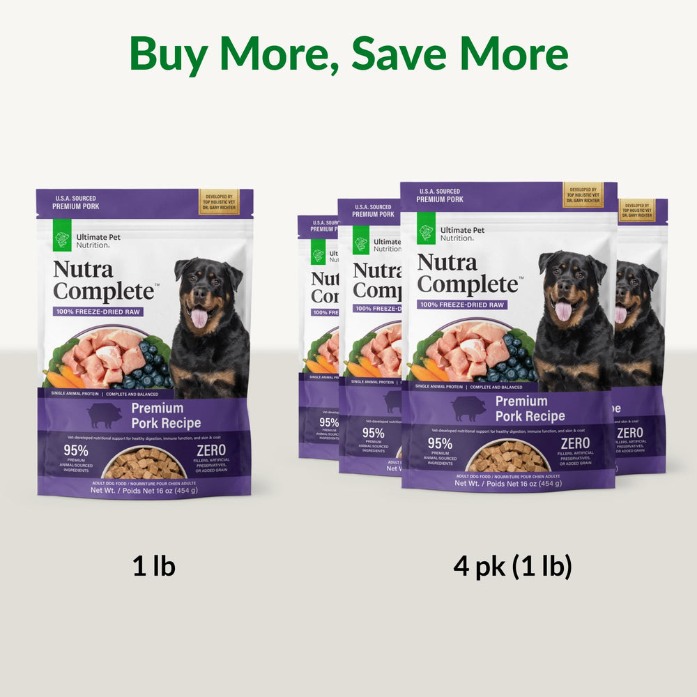 Nutra Complete d’Ultimate Pet Nutrition, porc américain de qualité pour protéines digestibles.