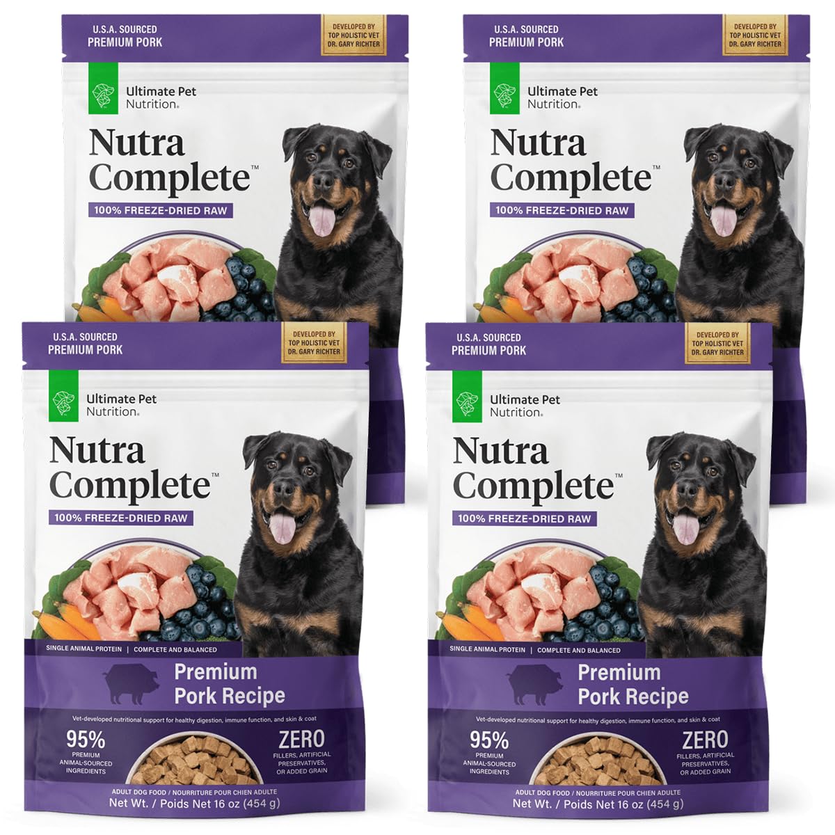 Nutra Complete d’Ultimate Pet Nutrition, sac porc lyophilisé prêt à l’emploi.