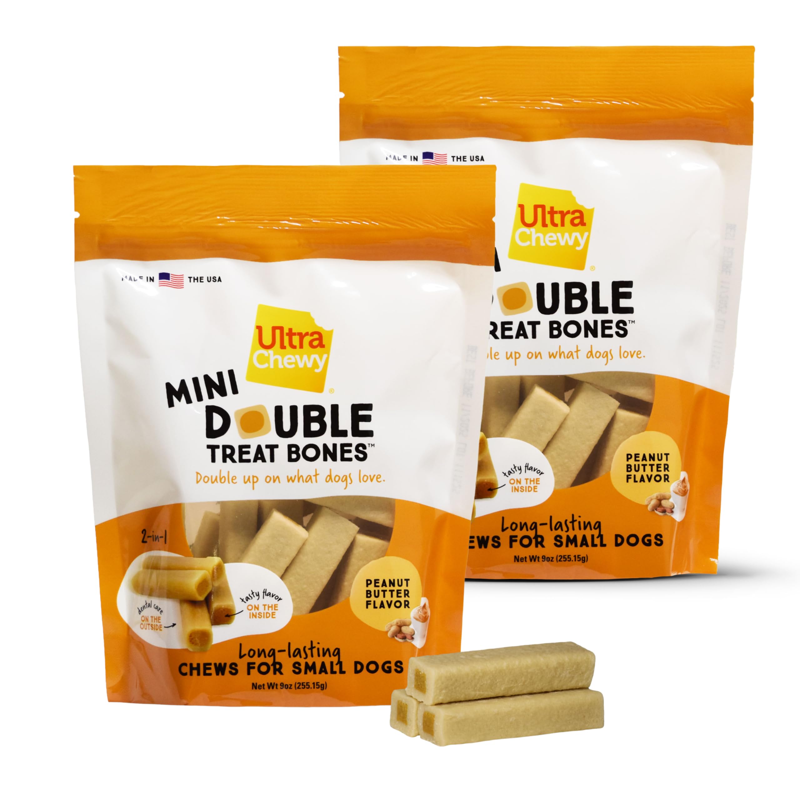 Ultra Chewy Mini Double Treat Bones – emballage prêt à offrir, mastication durable.