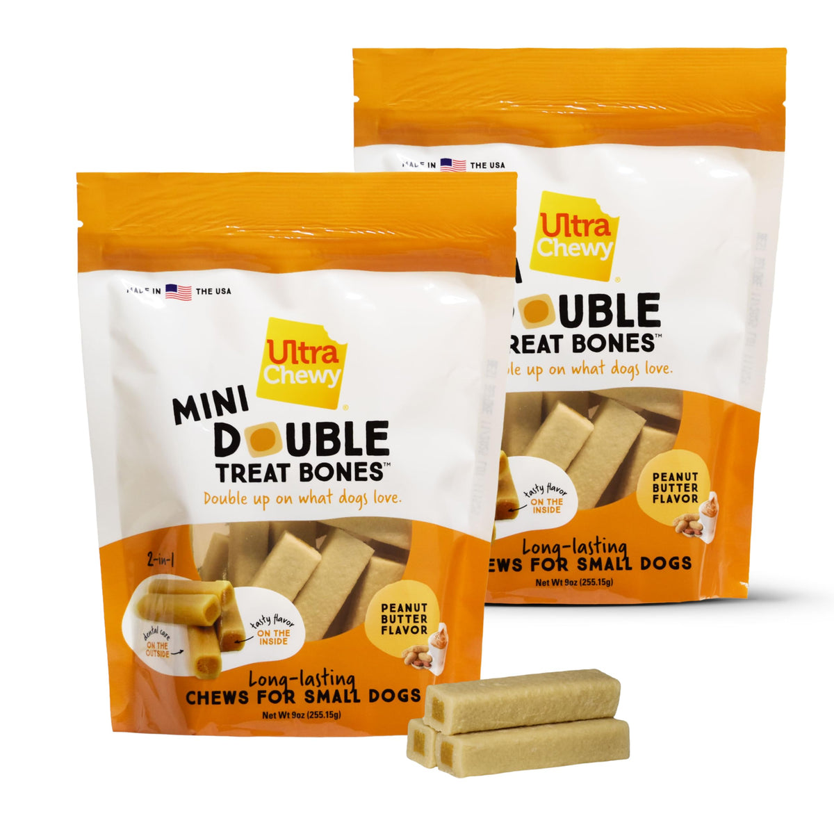 Ultra Chewy Mini Double Treat Bones – emballage prêt à offrir, mastication durable.
