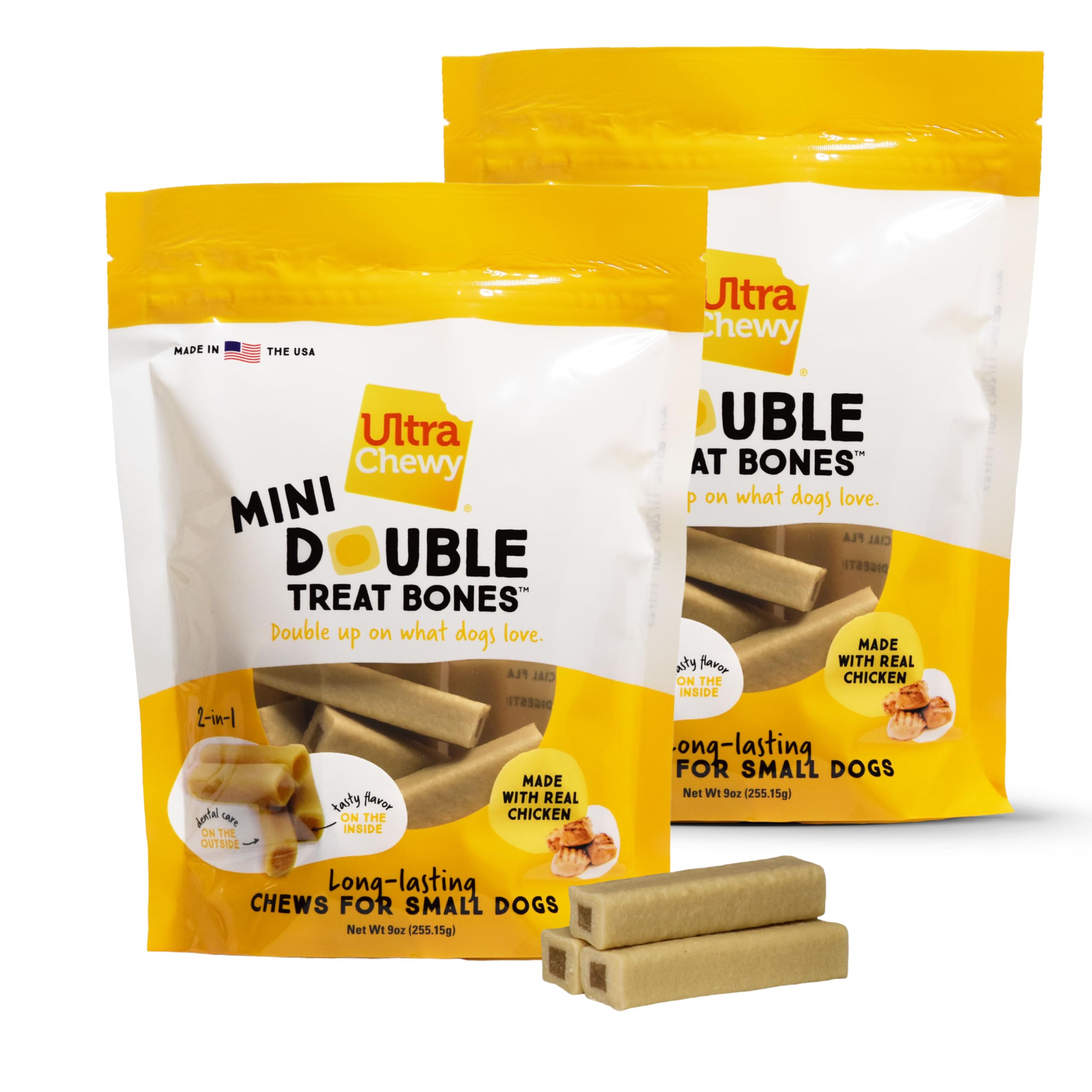 Ultra Chewy Mini Double Treat Bones emballage: récompense pratique et durable pour votre chien.