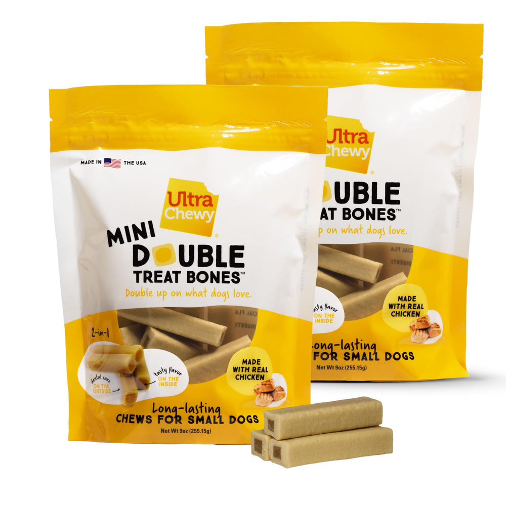 Ultra Chewy Mini Double Treat Bones emballage: récompense pratique et durable pour votre chien.
