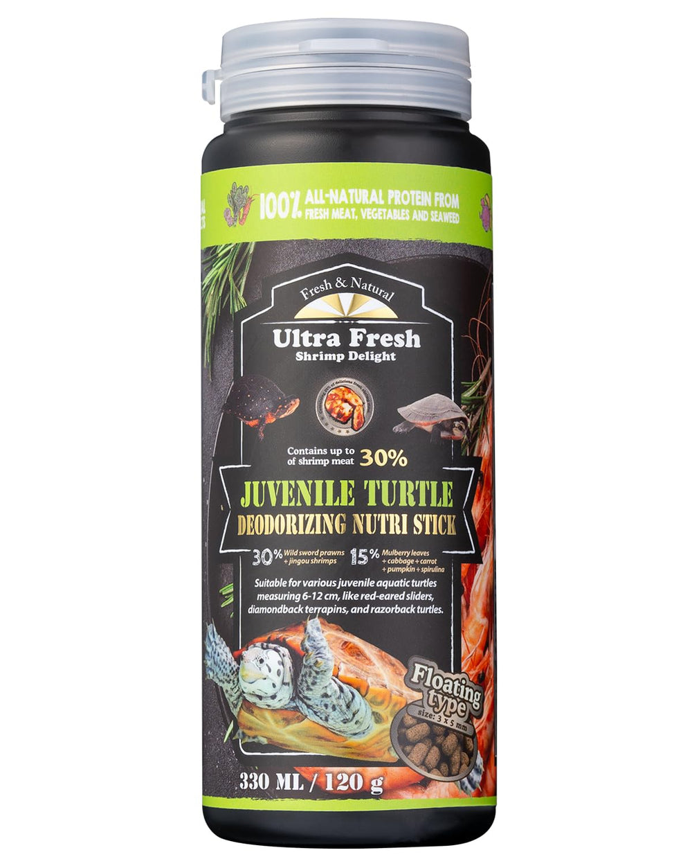Ultra Fresh aliments flottants pour tortues juvéniles avec saveur crevette épée sauvage.