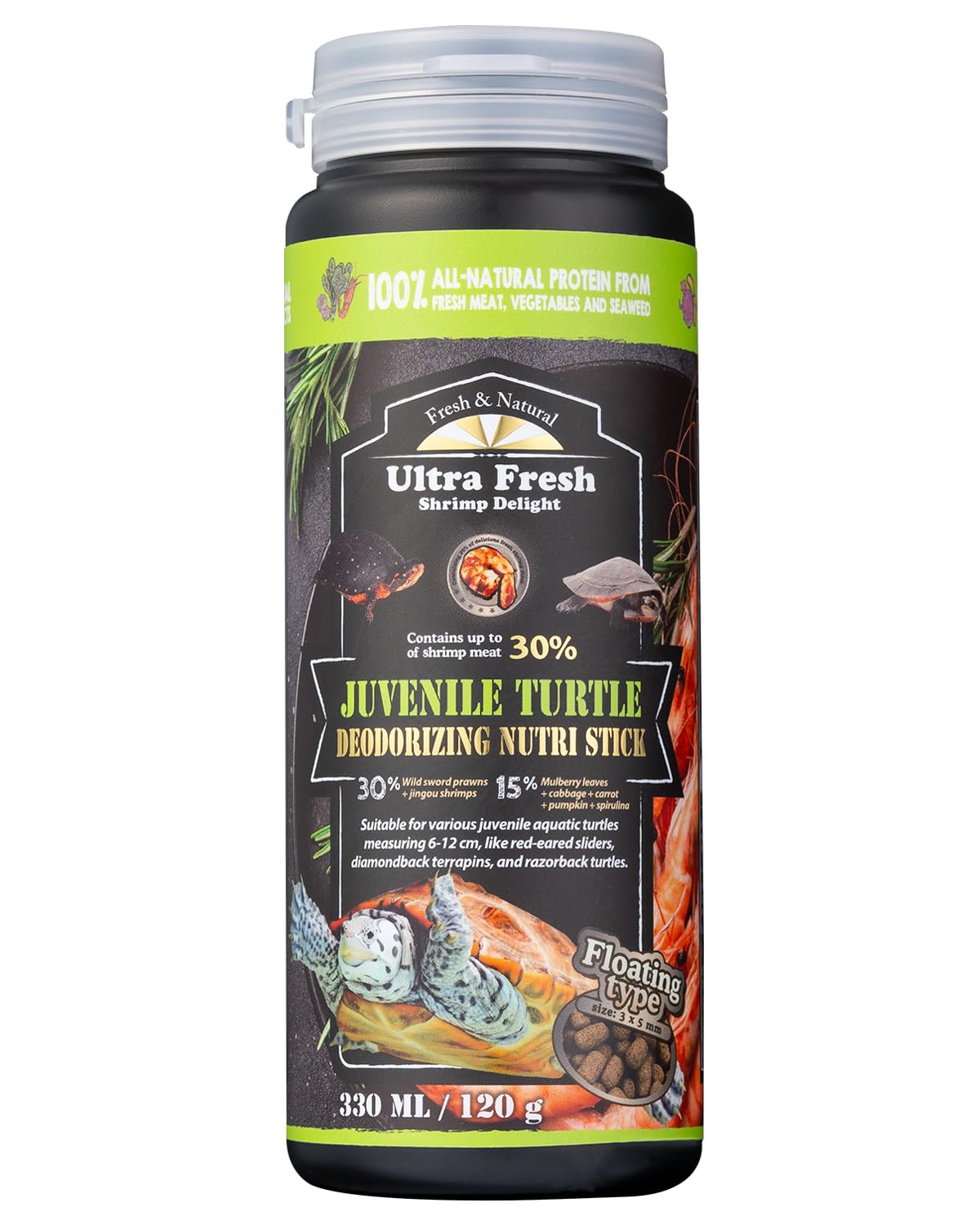 Ultra Fresh aliments flottants pour tortues juvéniles avec saveur crevette épée sauvage.