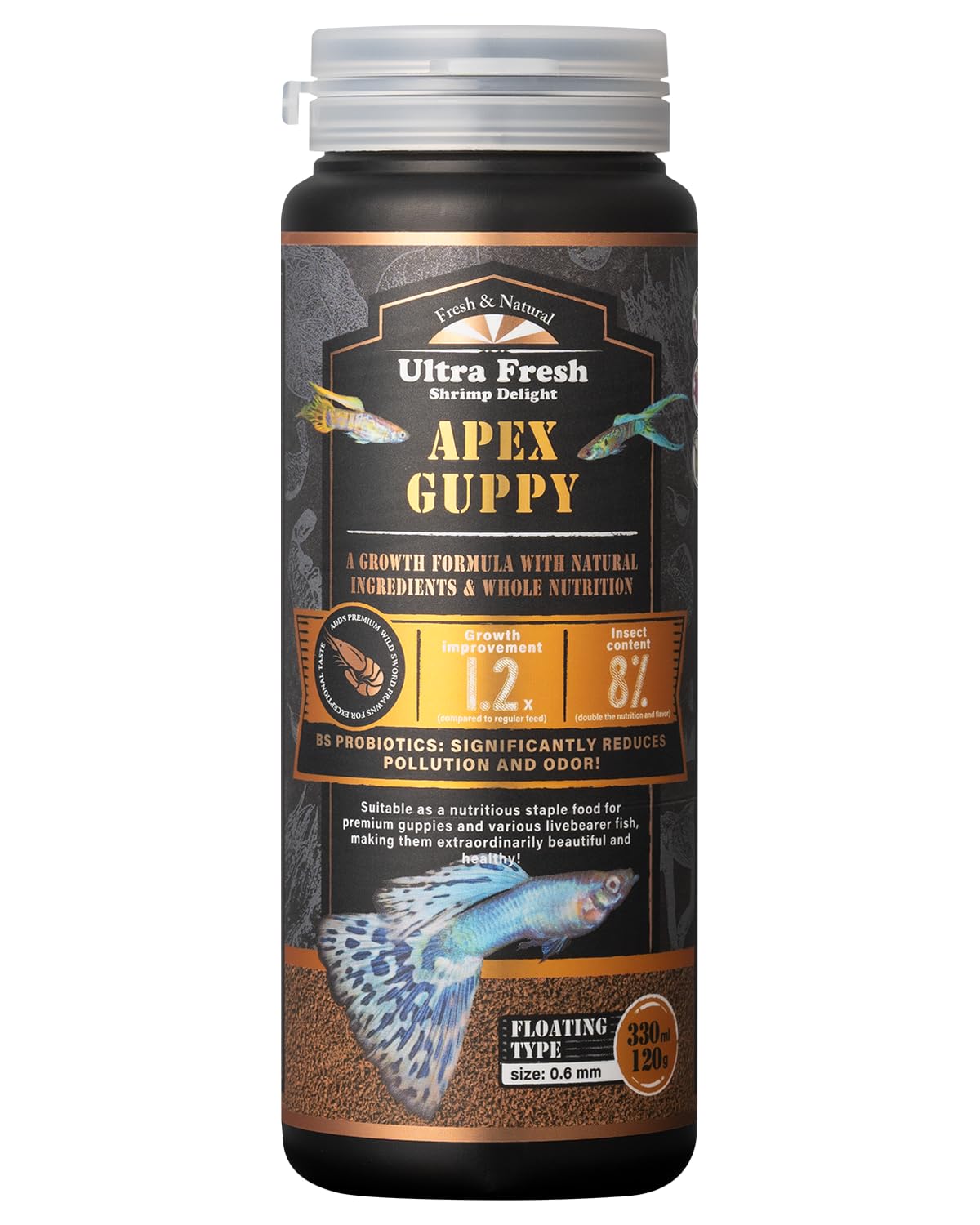 Ultra Fresh – emballage pratique pour l’alimentation guppy, naturelle et facile à stocker.