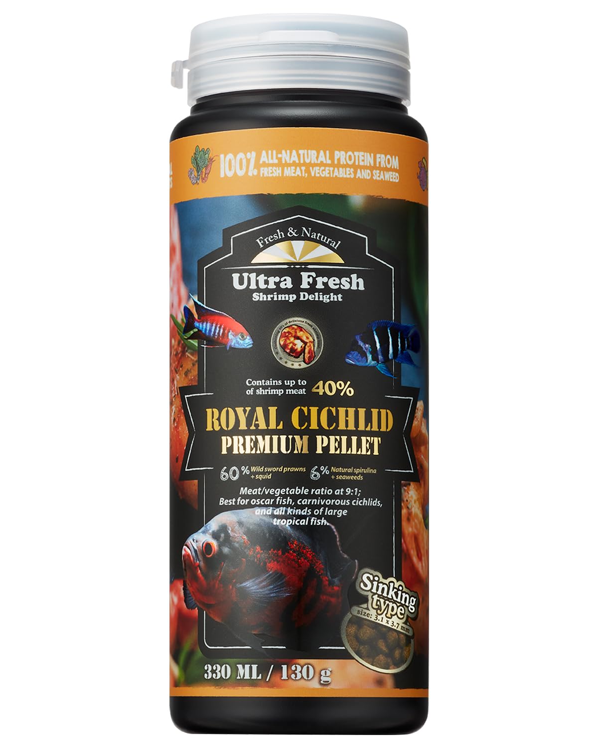 Ultra Fresh Cichlid pellets en emballage, format pratique pour nourrir vos poissons