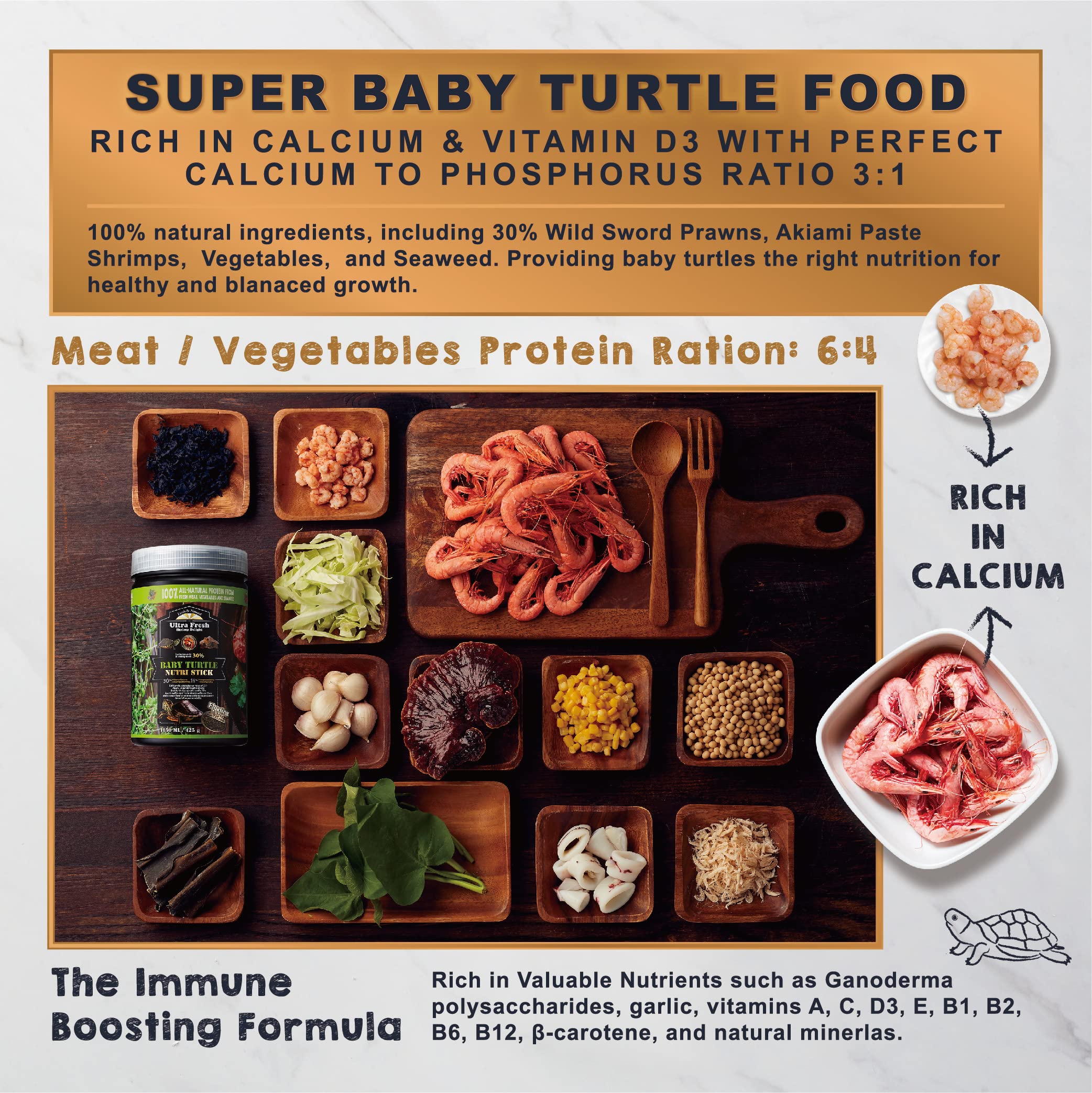 Ultra Fresh Ingrédients naturels proteines-vegetales pour tortue, soutien croissance et immunite naturelle.