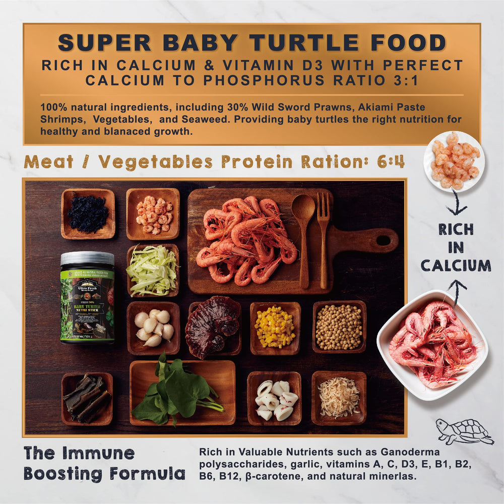 Ultra Fresh Ingrédients naturels proteines-vegetales pour tortue, soutien croissance et immunite naturelle.