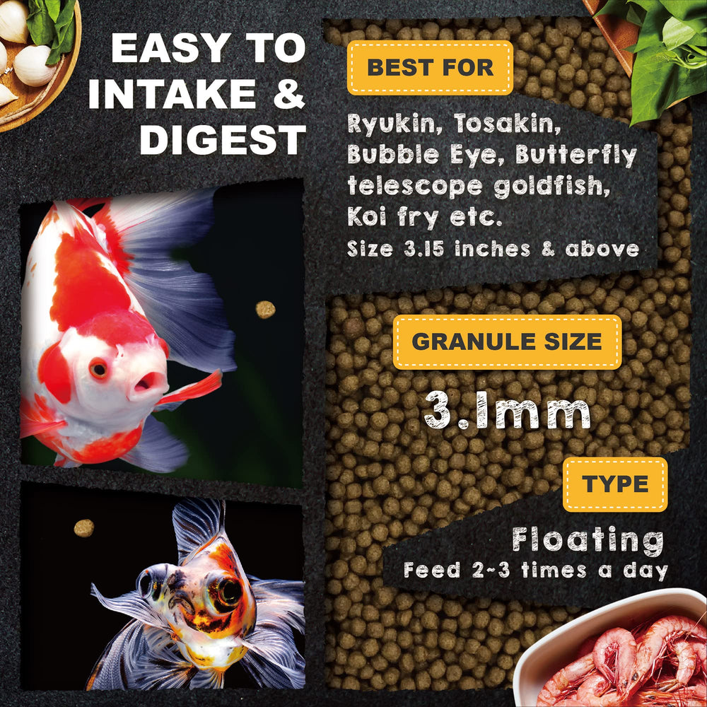 Ingrédients naturels Ultra Fresh: protéines et légumes pour poissons rouges.