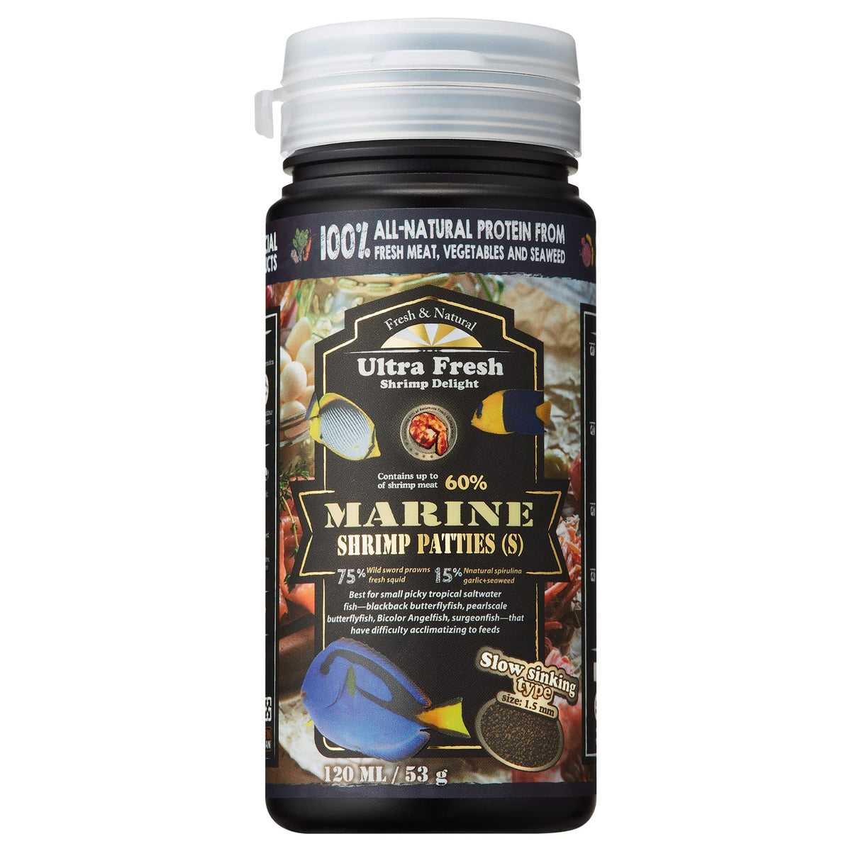 Ultra Fresh: granulés 1-5 mm pour petits poissons marins, faciles à mâcher.