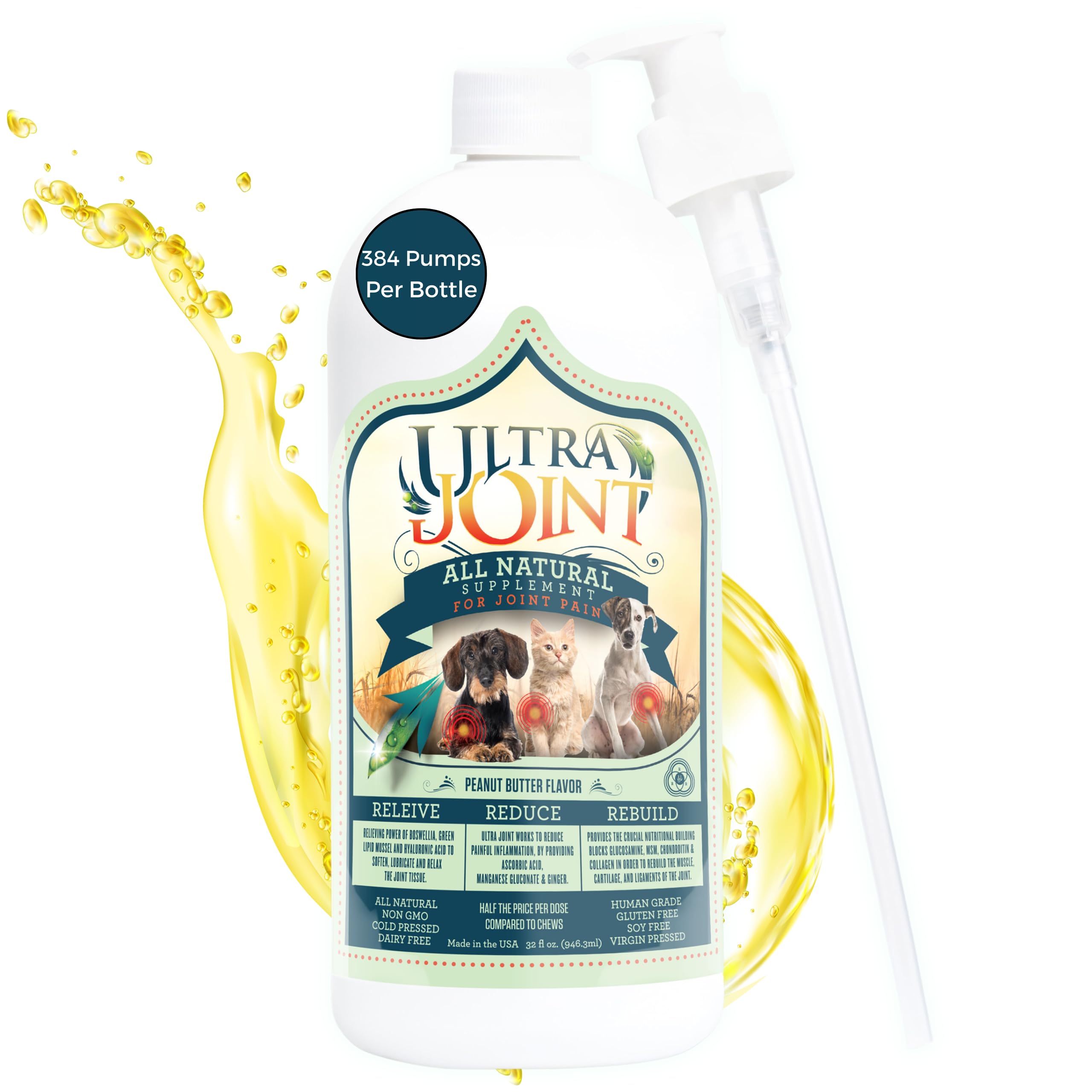 Ultra Joint, bouteille liquide pour articulations du chien, soutien mobilité quotidienne.