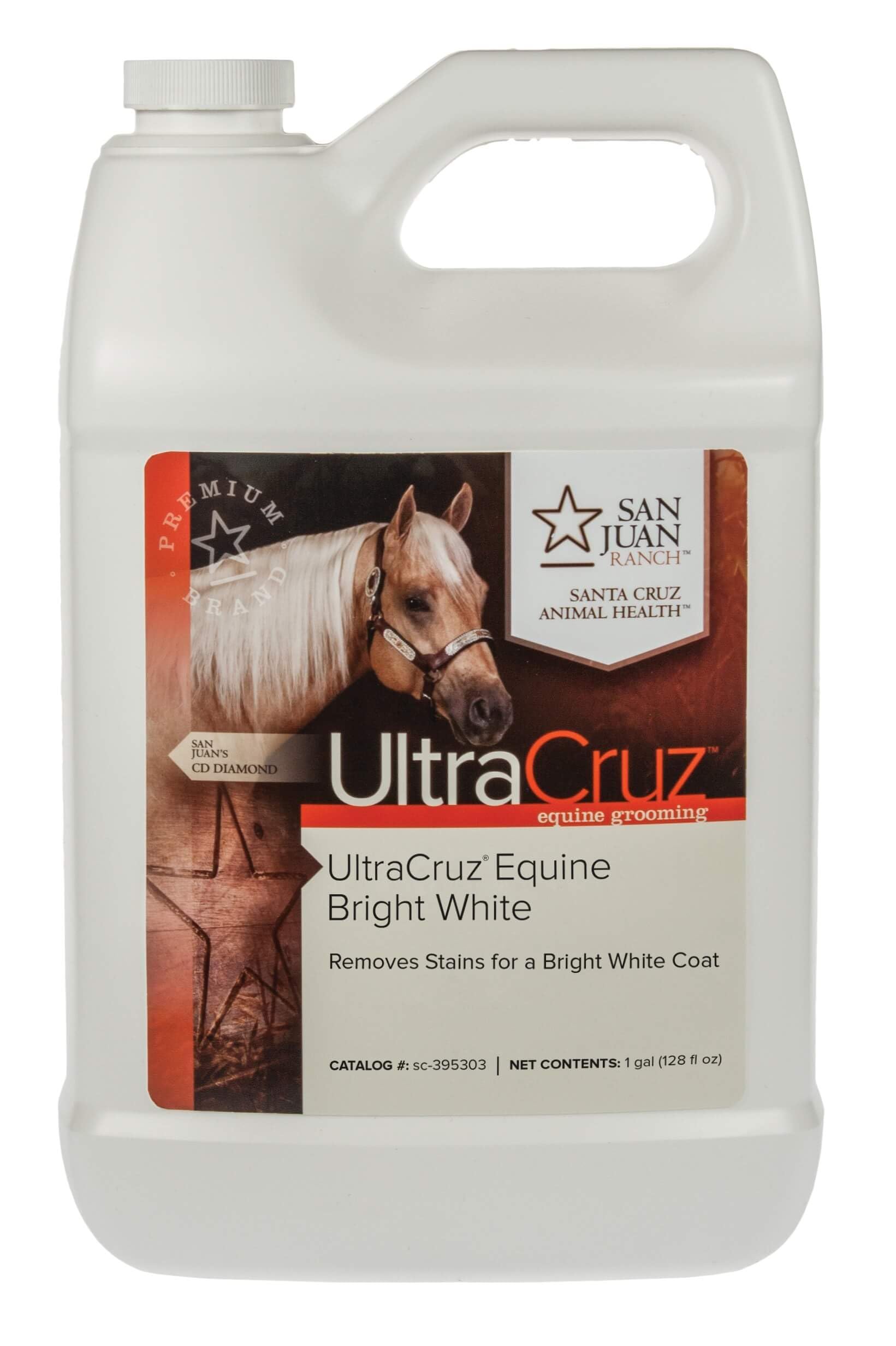 Bouteille UltraCruz pour chevaux montrant le shampooing blanc brillant.