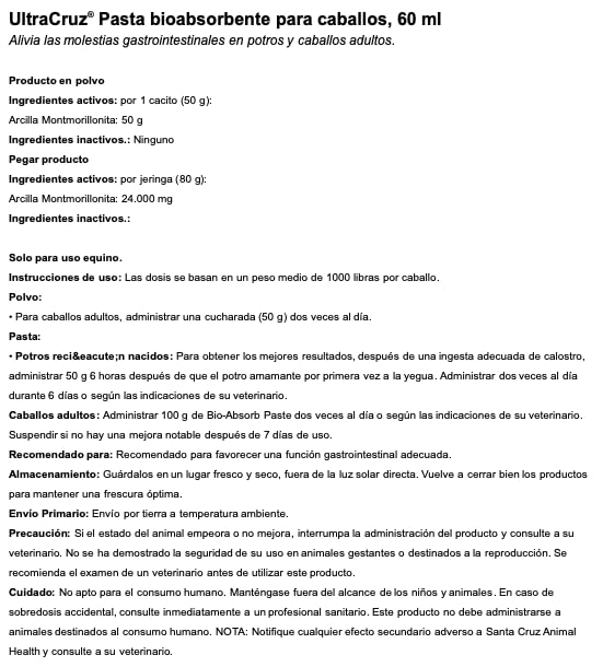 UltraCruz Pâte Bio-Absorb Équine, ingrédients naturels favorisant la muqueuse intestinale.