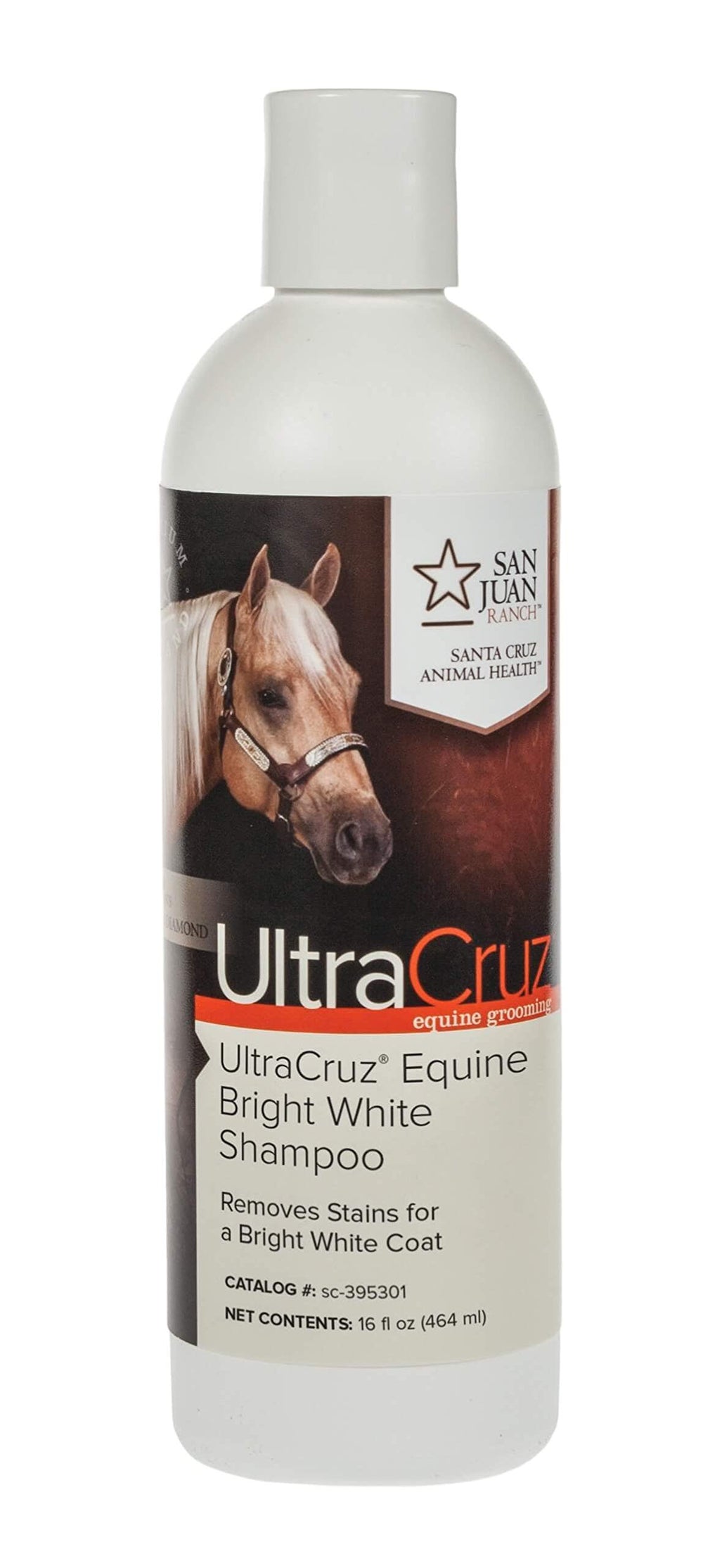 UltraCruz Équin Brillant Blanc, bouteille, lavage en douceur pour un pelage lumineux.
