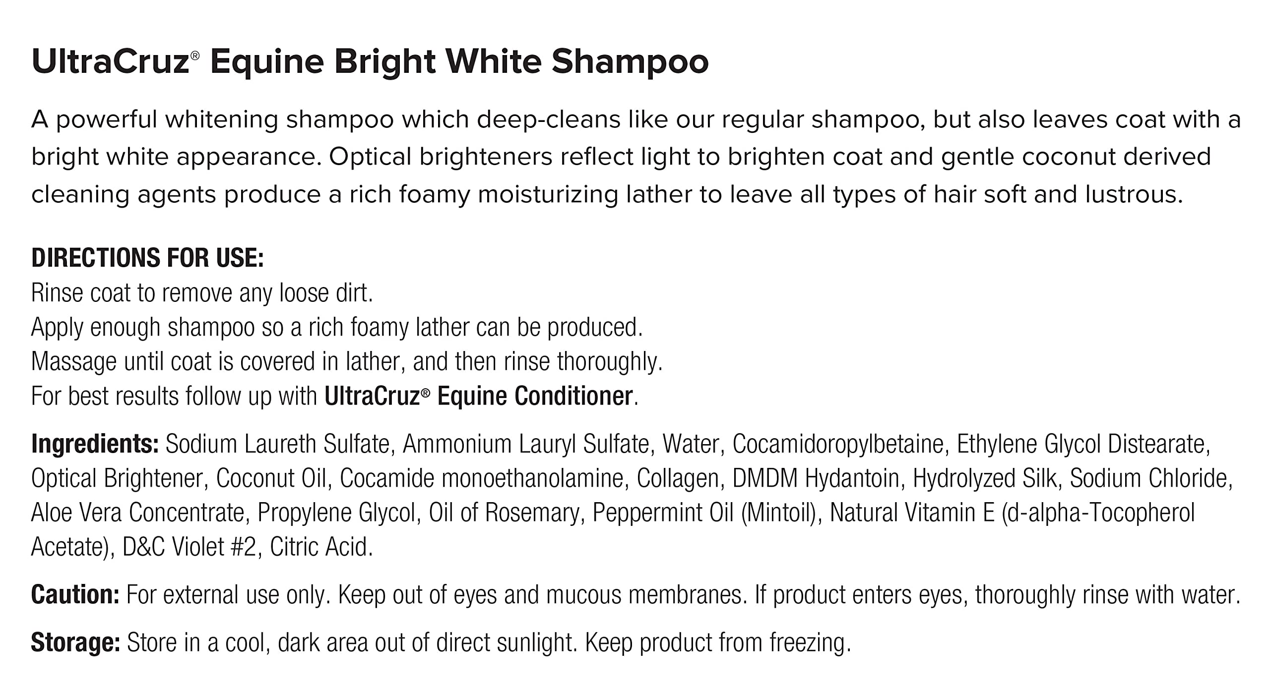Pelage net et lumineux après l’utilisation du Shampoing UltraCruz Équin Brillant Blanc.