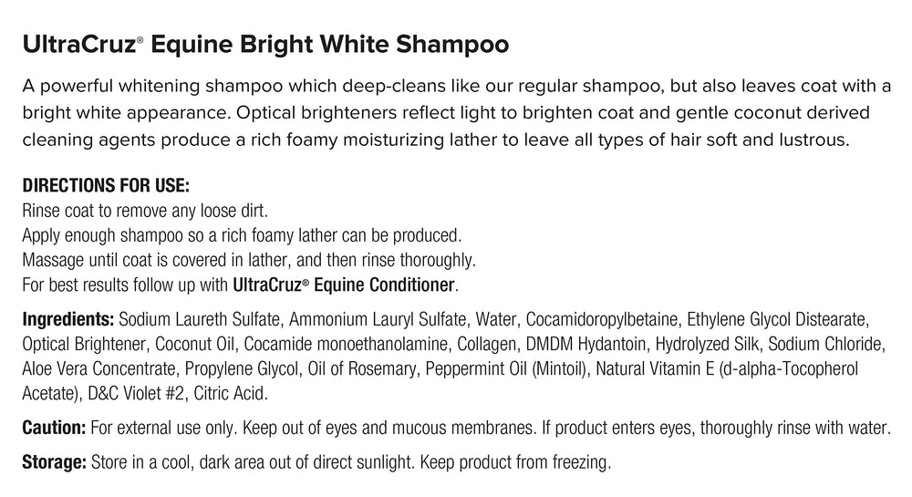 Pelage net et lumineux après l’utilisation du Shampoing UltraCruz Équin Brillant Blanc.
