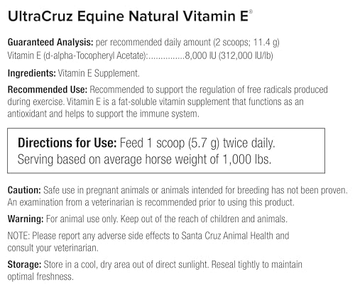 UltraCruz Equine Vitamin E naturel en poudre, doseuse pratique, administration simple.