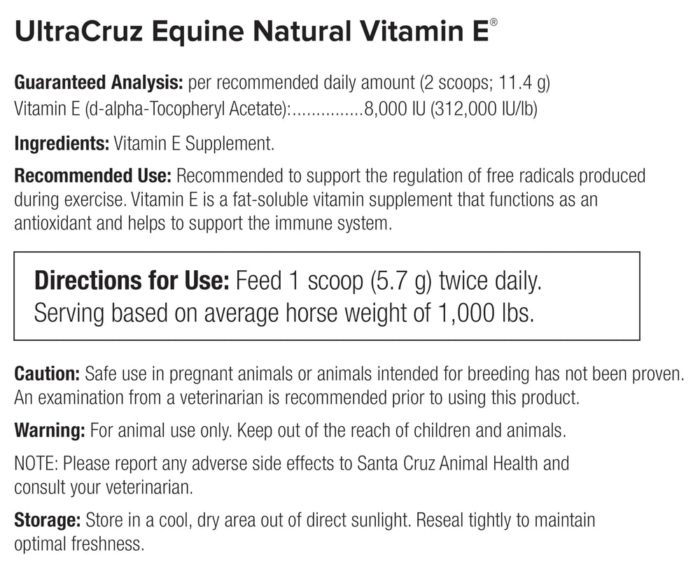 UltraCruz Equine Vitamin E naturel en poudre, idéal pour poulains et chevaux athlétiques en croissance.