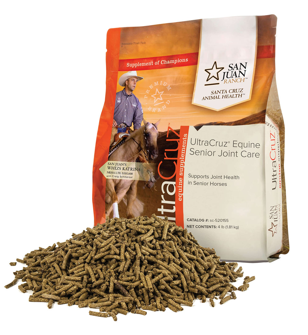 UltraCruz Equine Senior Joint Care pellets dans leur emballage, formulation sans soja pour chevaux.