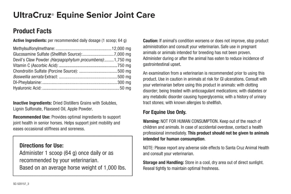 Cheval recevant UltraCruz Equine Senior Joint Care, soutien potentiel des articulations lors des mouvements.