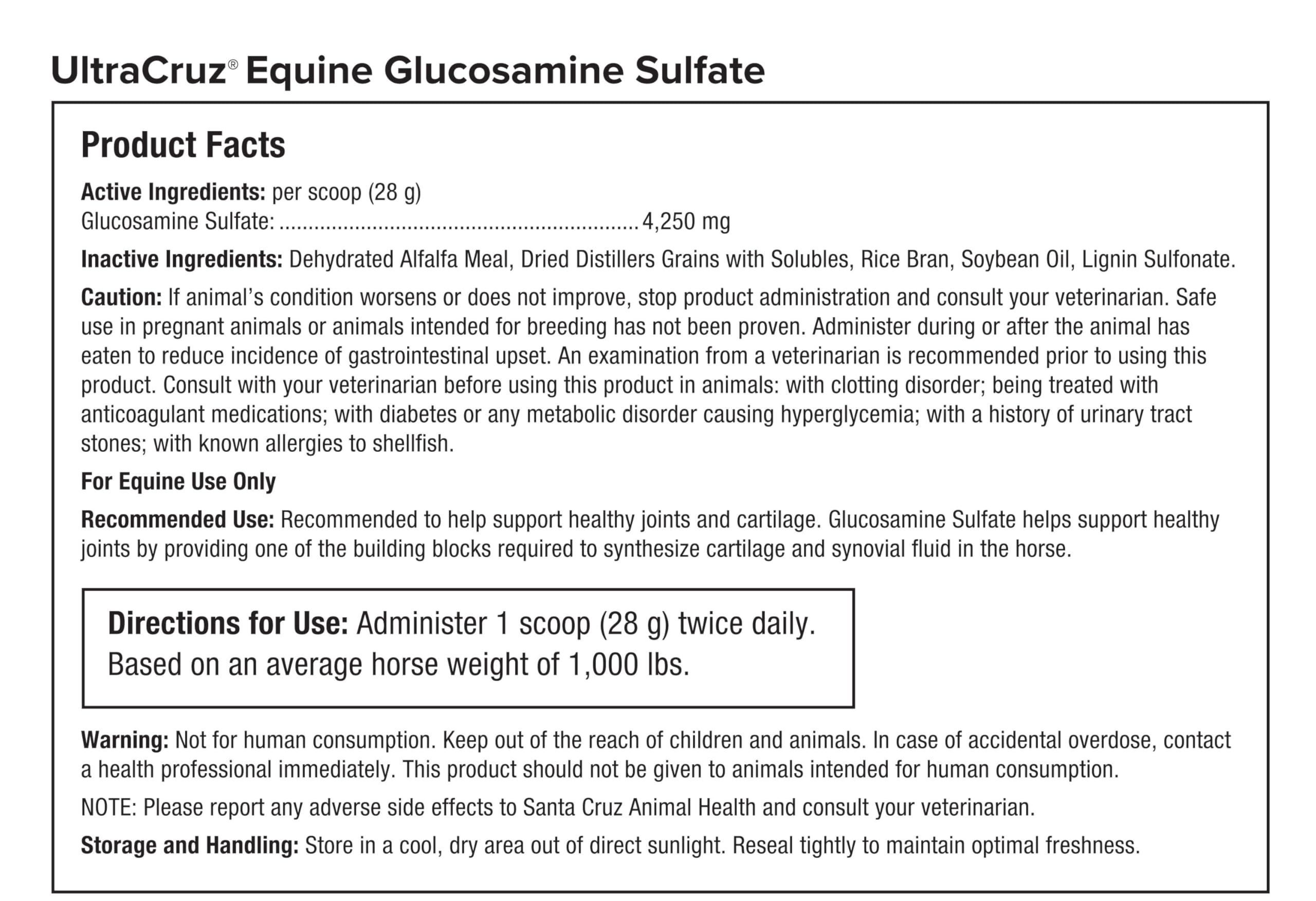UltraCruz Glucosamine Sulfate pellets pour chevaux actifs.