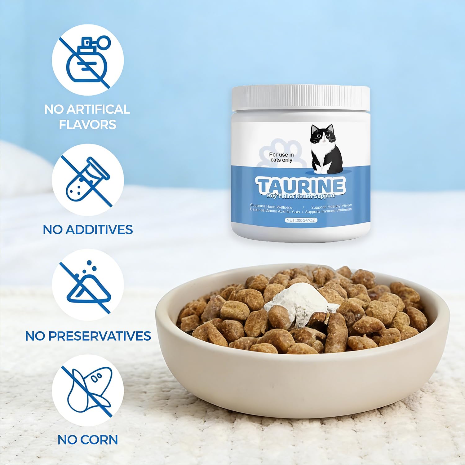 Umizze Taurine poudre fine pour chat, facile à intégrer au repas.