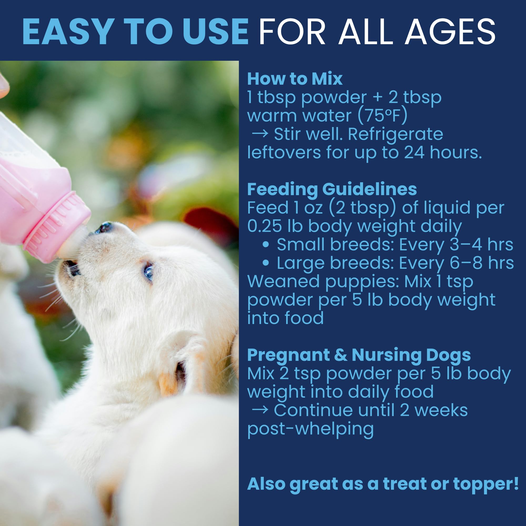 Under the Weather alimentation chiot tout âge, utilisable comme complément ou lait complet.