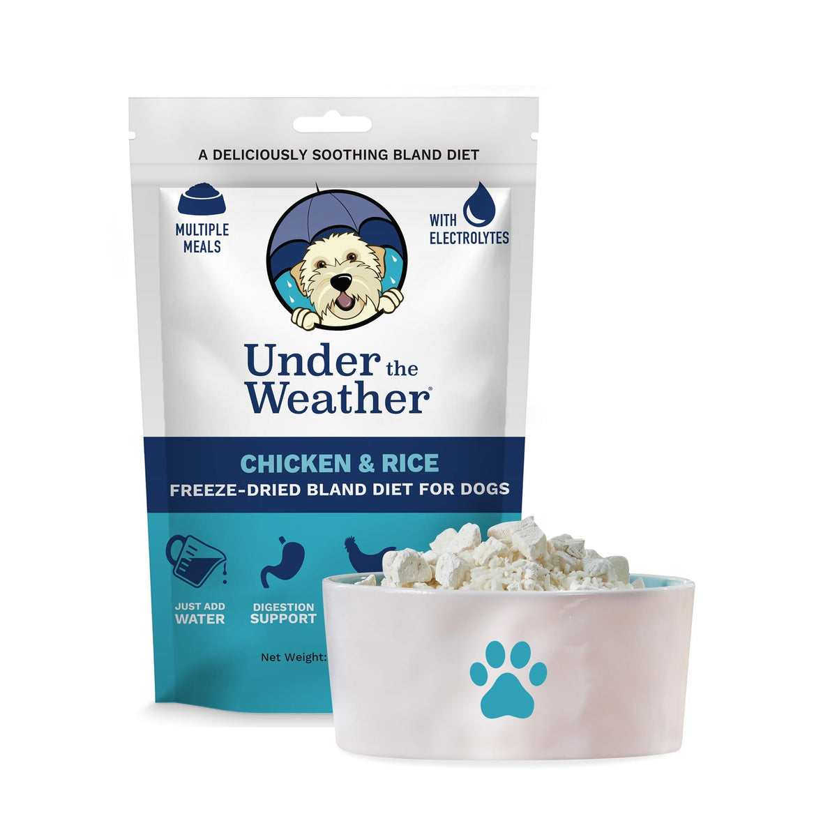 Under the Weather Bland Diet pour chien, emballage pratique et prêt à l'emploi.