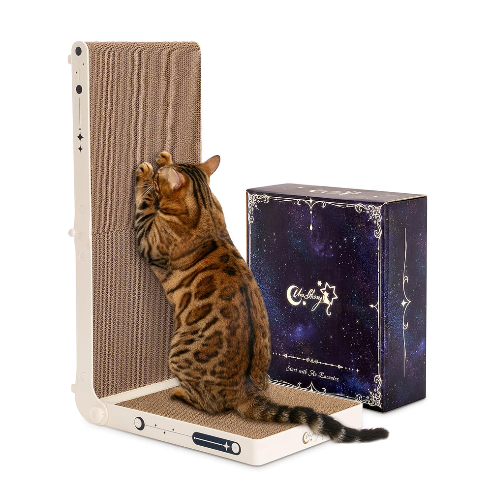 UniBlissy grattoir chat L-angle 25,3 po avec balle: protège meubles et divertit.
