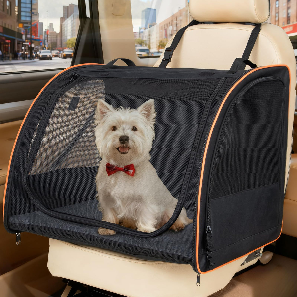 UNICITII siège-auto chien, vue avant, enveloppe sécurisante et design ergonomique.