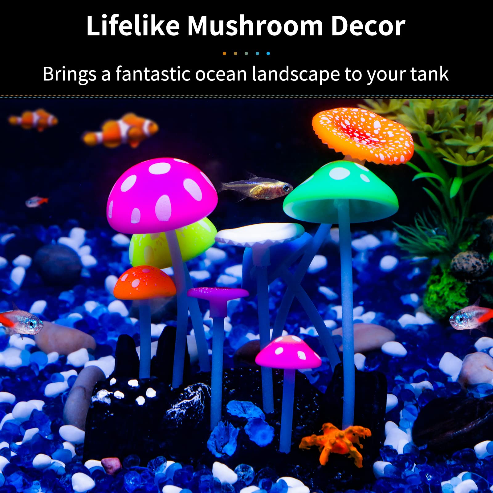 Champignon lumineux Uniclife, paysage sous éclairage actinique accentué