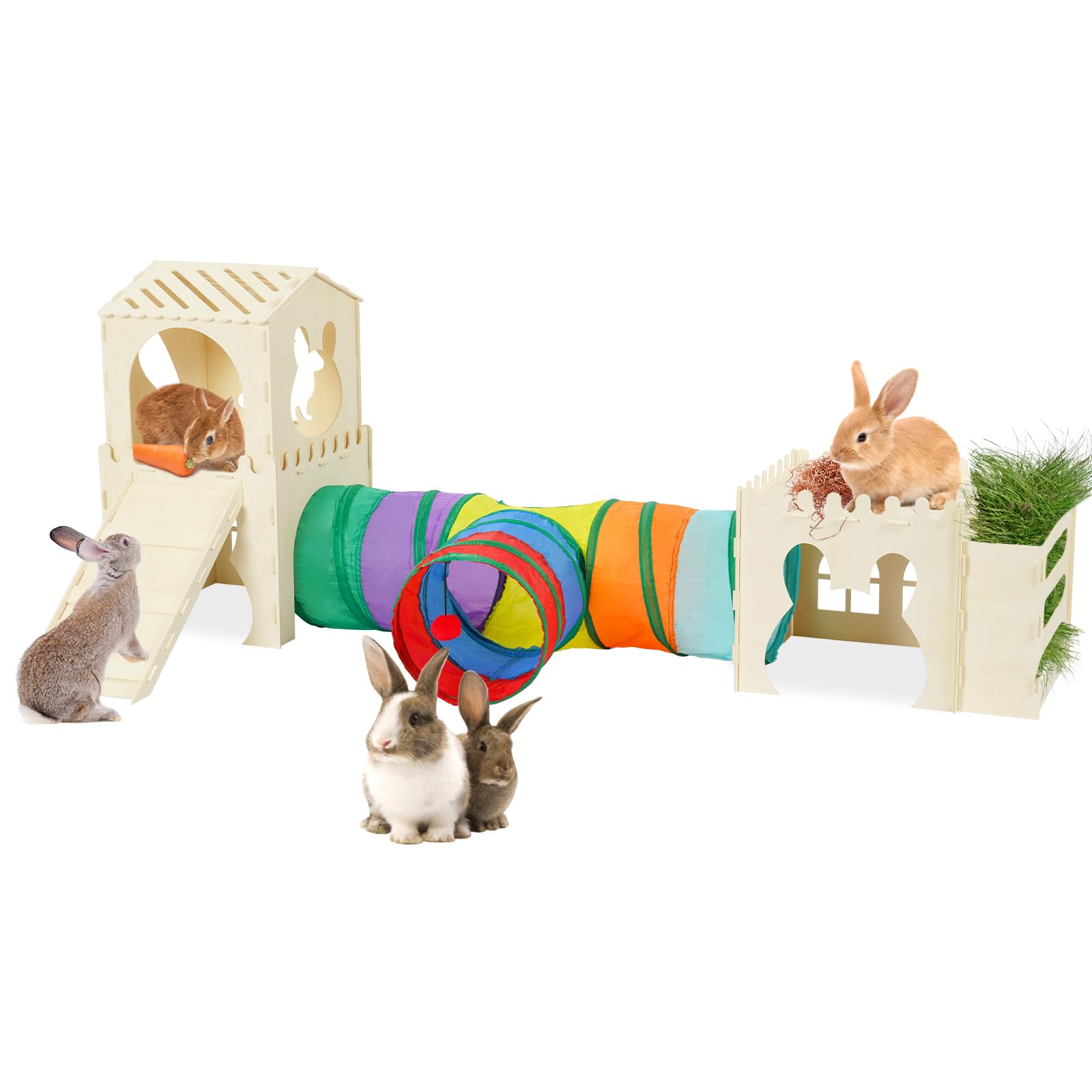 Habitat UNMOONY pour lapin en bois avec château et tunnel, favorisant jeu et exploration.