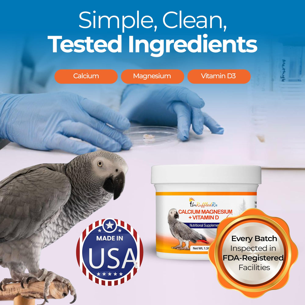 UnRuffledRx Bird Calcium Plus associe D3 et magnésium pour une absorption efficace.