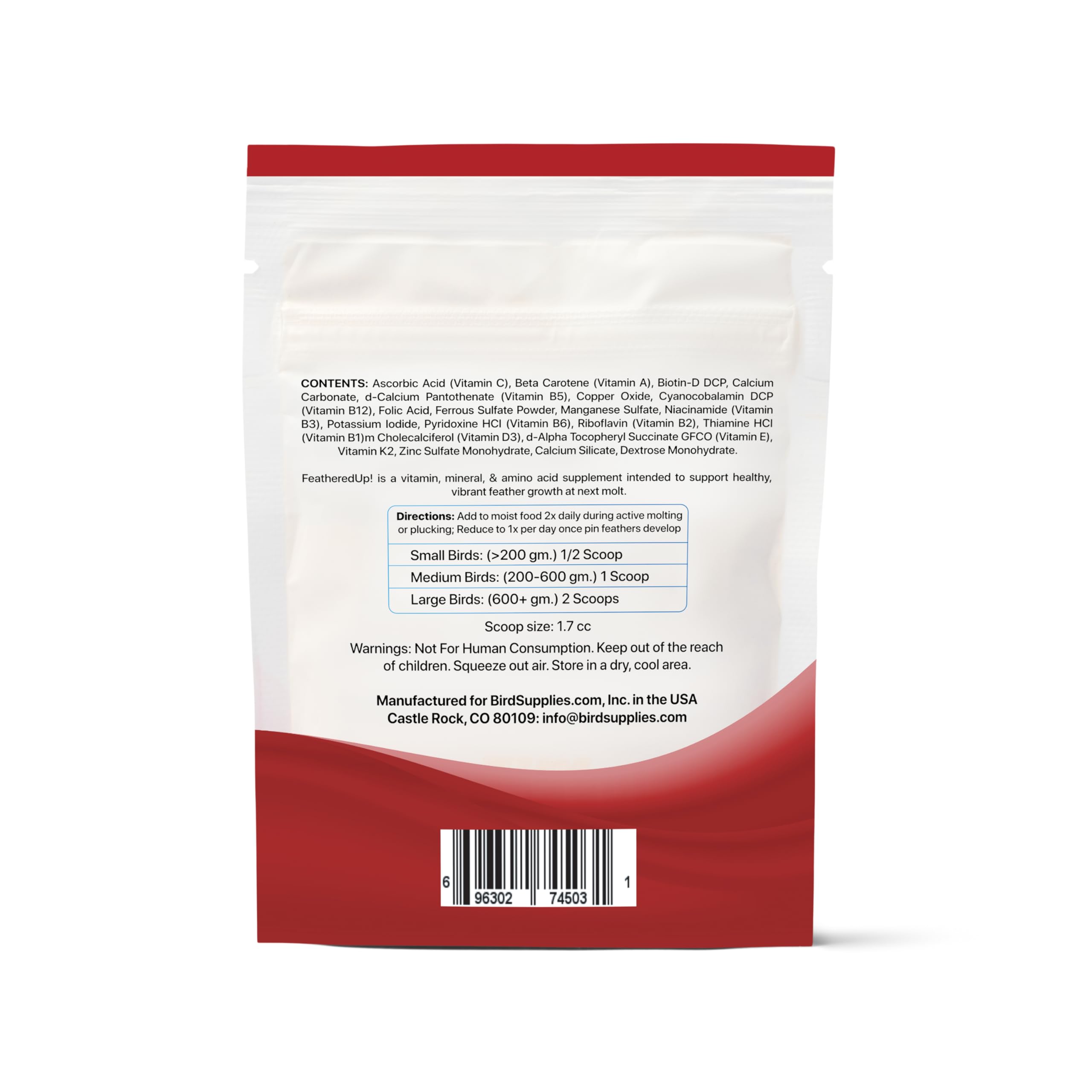 UnRuffledRx FeatherUp: flacon-dose pratique pour doser facilement le supplément aviaire.