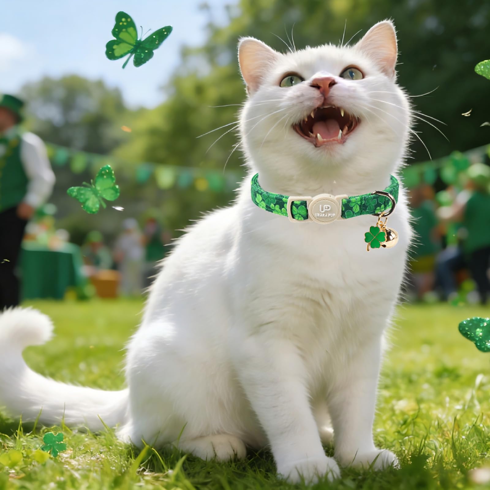 Chat portant collier UP URARA PUP Saint-Patrick, idéal pour fêtes et photos.