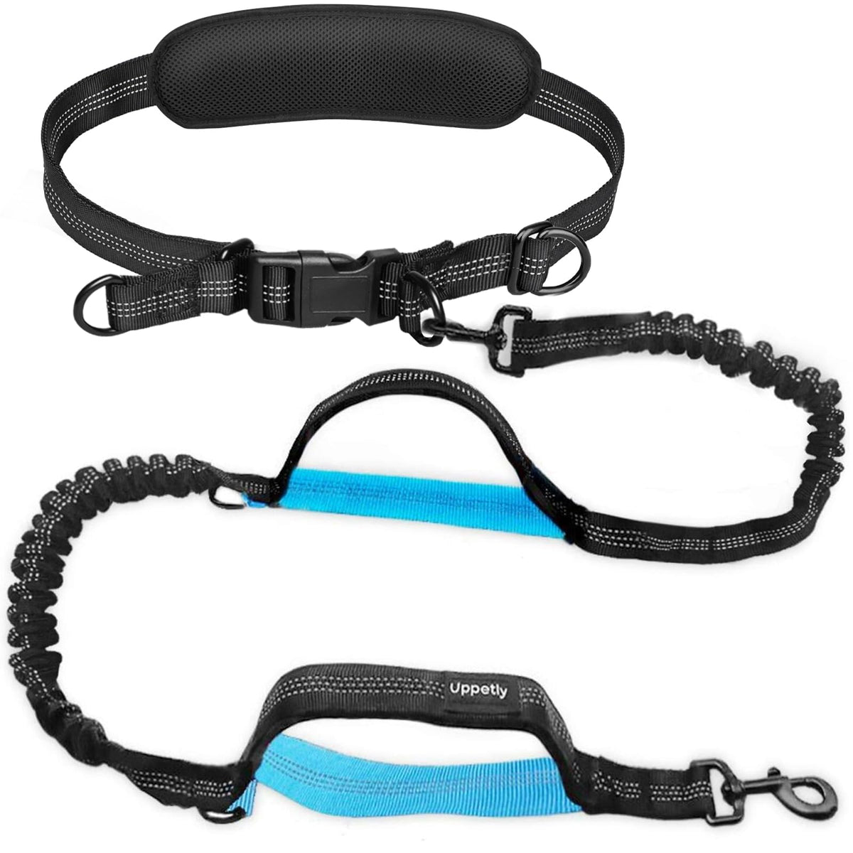 Laisse Uppetly avec ceinture réglable utilisée lors d'une promenade confortable.