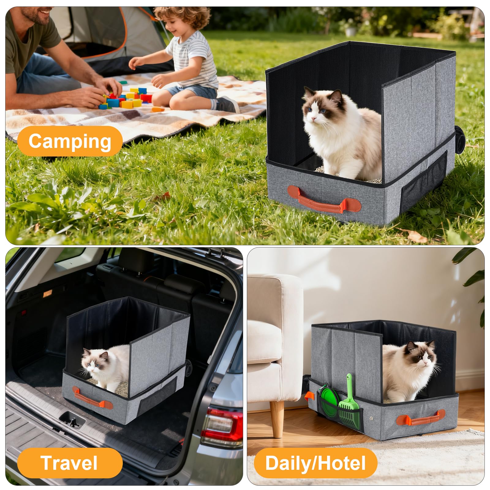 Litière Uross spacieuse pour chat, se plie pour un rangement compact.