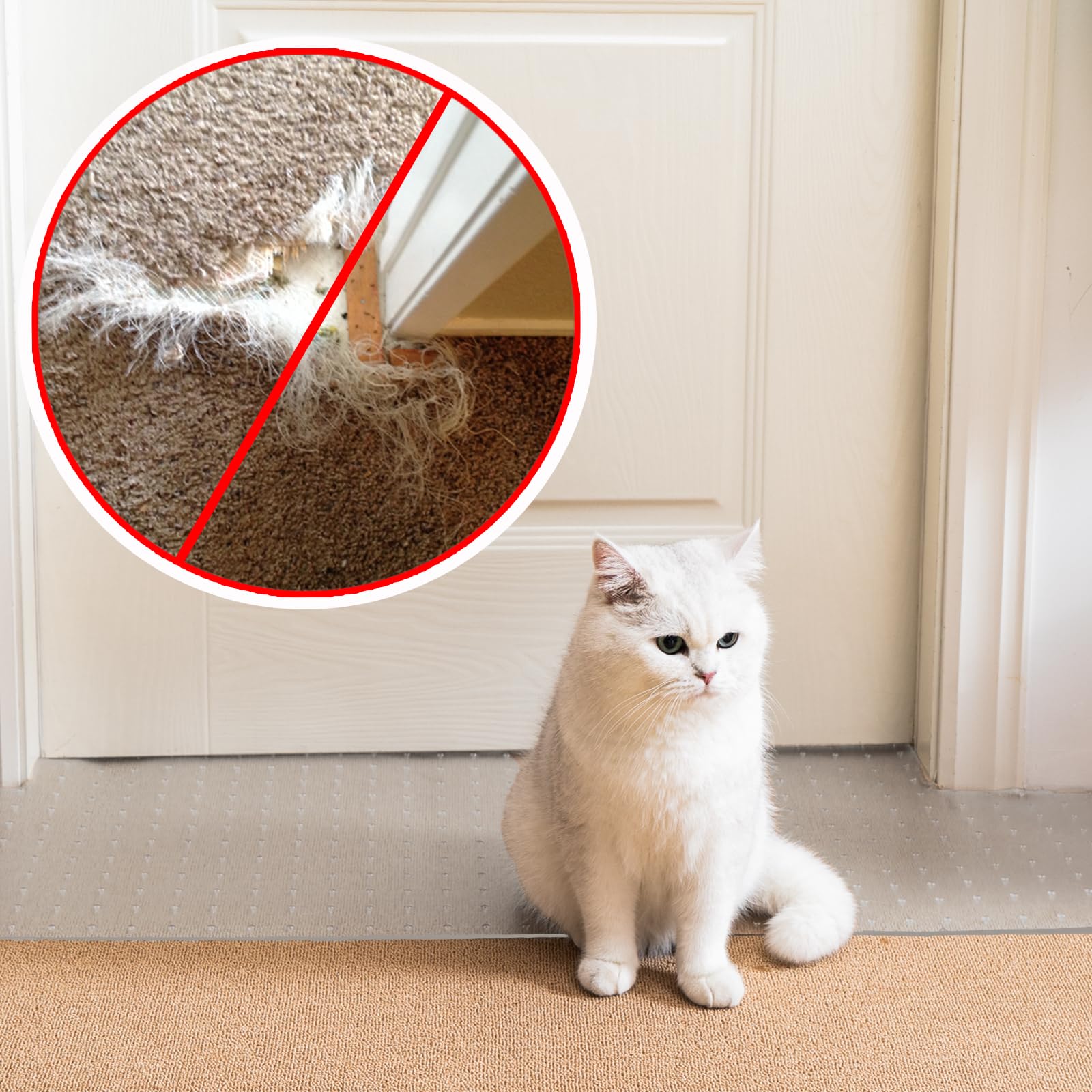 Uross protège-tapis anti-griffures pour chat près d'une porte.