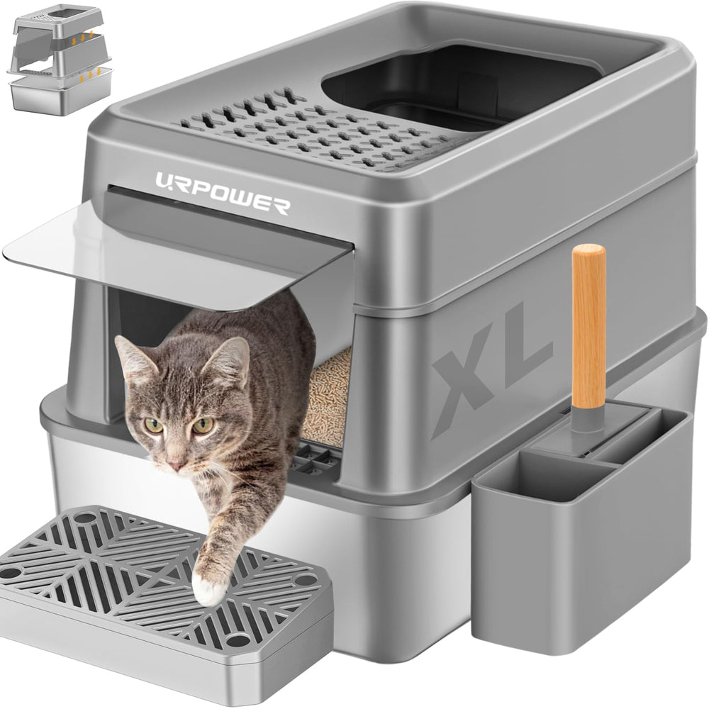 URPOWER bac litière inox avec couvercle, surface lisse et nettoyage facile.