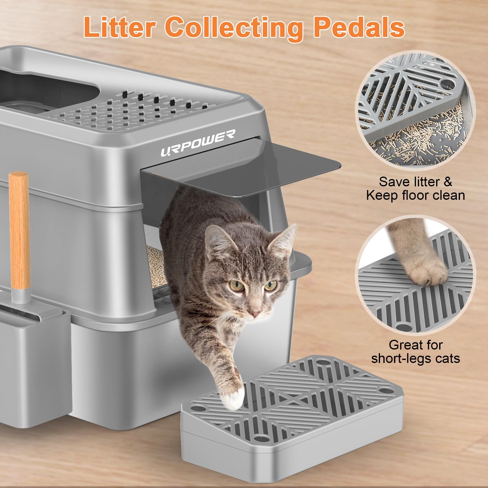 URPOWER bac litière inox avec pédales filtre pour un nettoyage rapide.