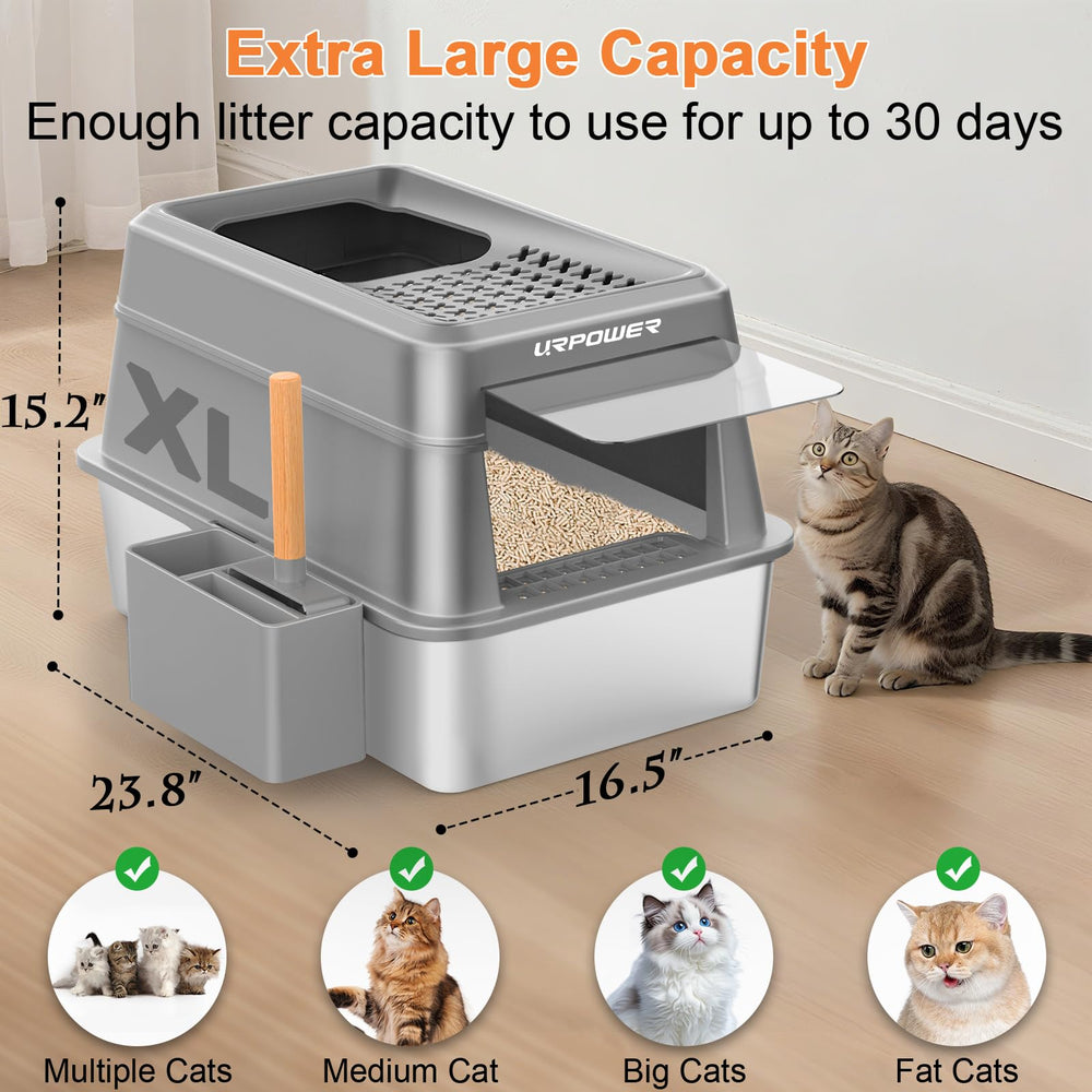 URPOWER bac litière inox XL, espace généreux pour grands chats.