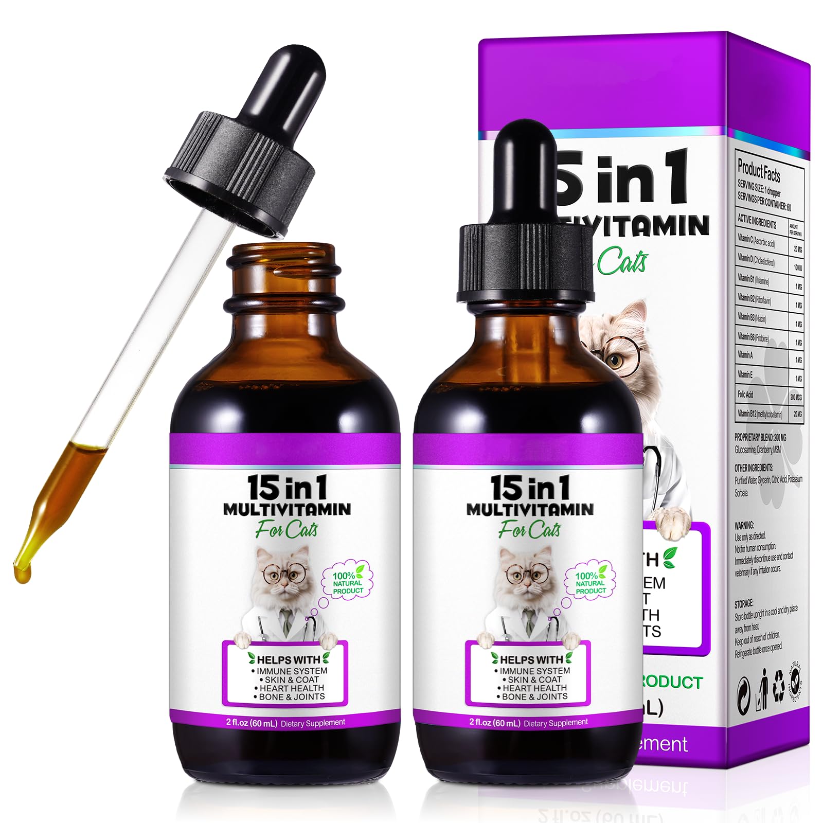 Uruses bouteille gouttes multivitamines chat 15en1: soutien santé générale du chat.