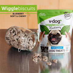 Biscuit Wiggle V-dog à la farine de sarrasin et coco, pour chiens sensibles.