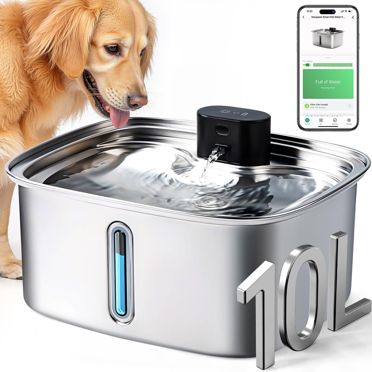 Vacqueen fontaine d'eau chien grande capacité 10L, pratique pour plusieurs chiens.