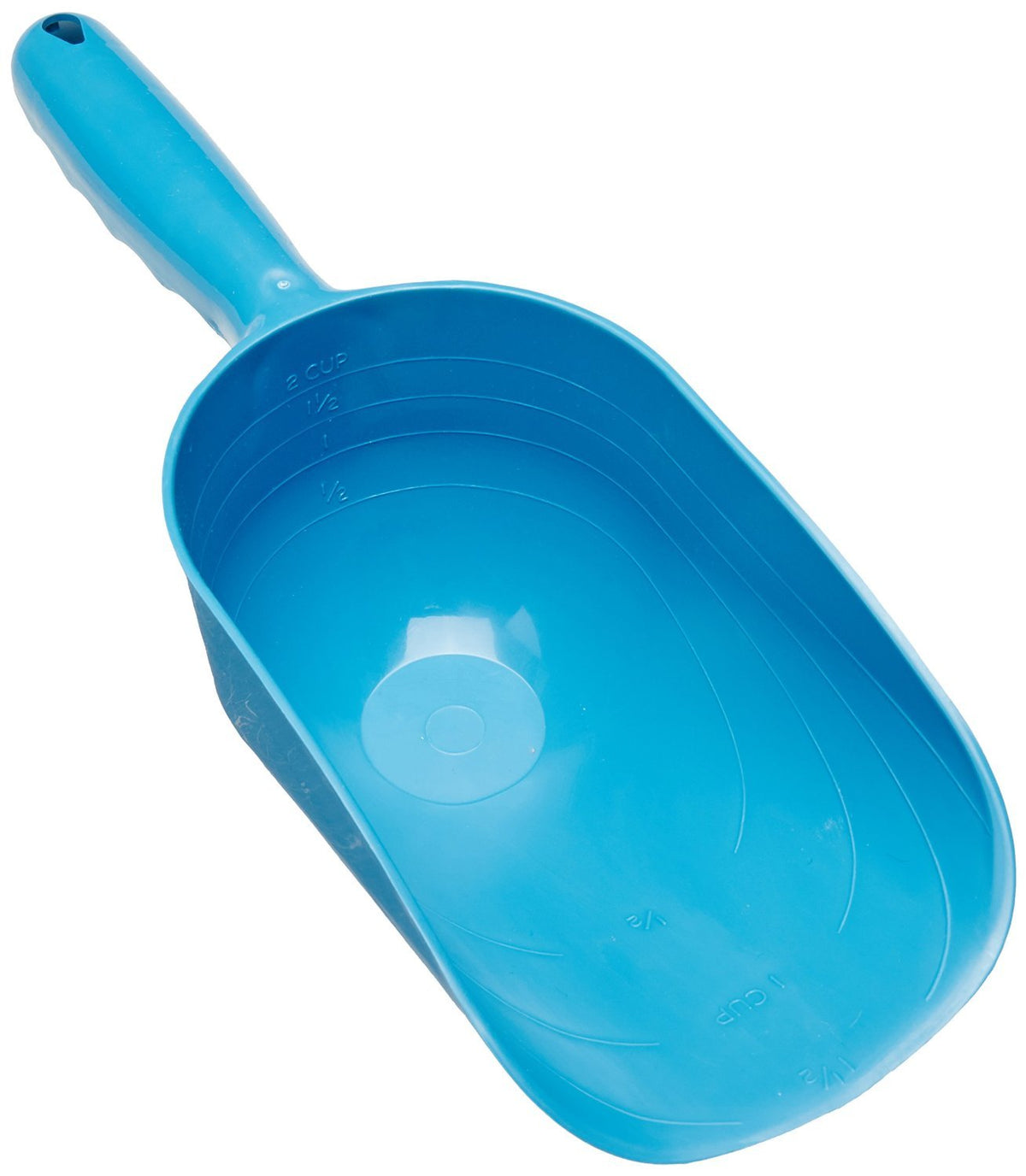 Cuillère doseuse Van Ness bleue montrant la capacité de 2 tasses pour nourrir proprement.