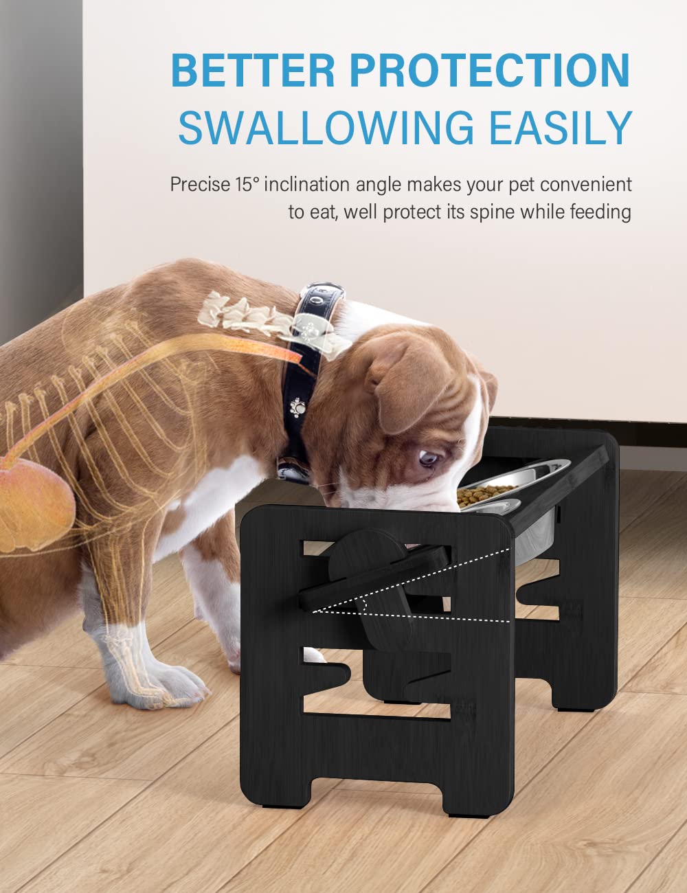 Hauteurs ajustables en 6 niveaux avec design double N pour chiens et chats.