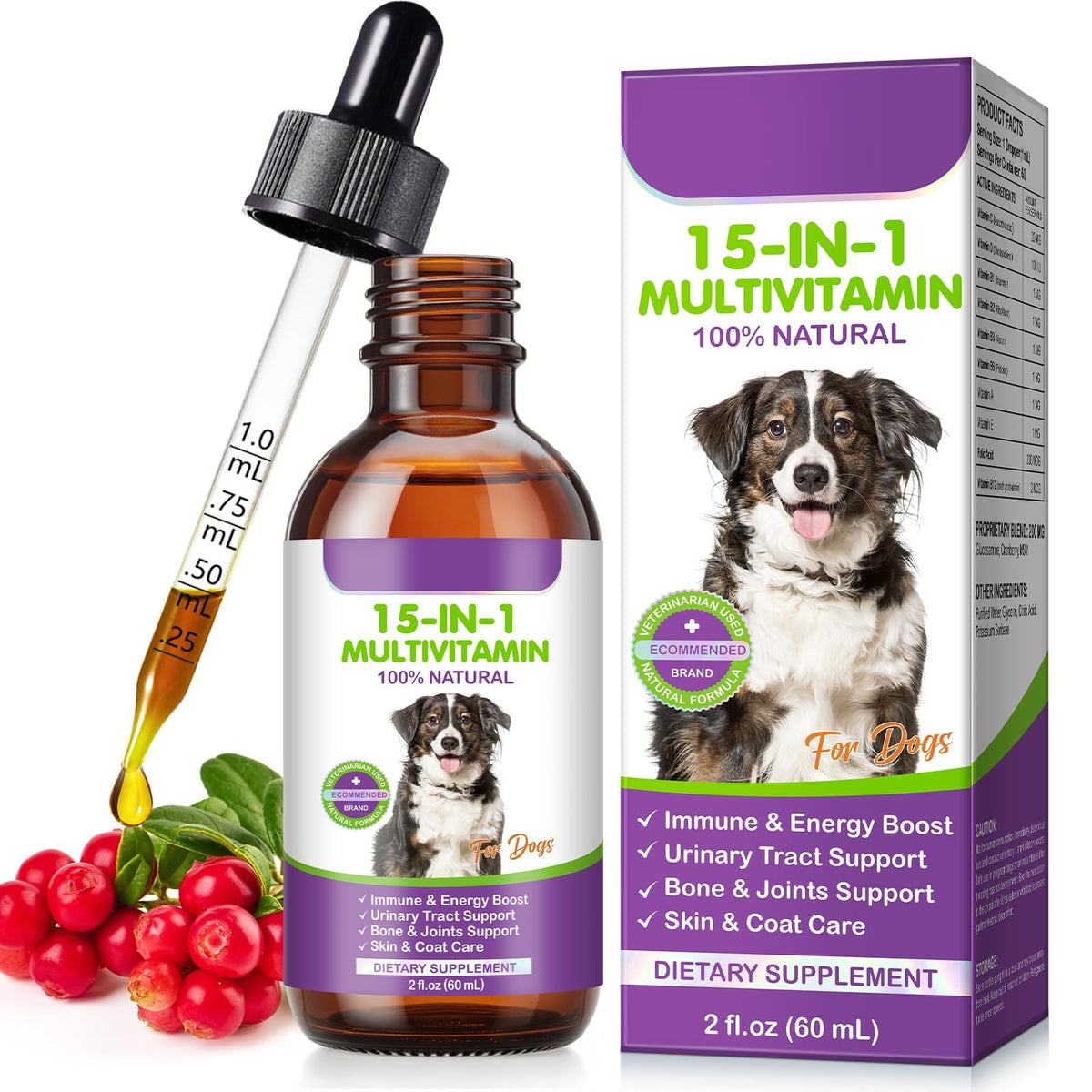 Gouttes Vceeoy pour chien en bouteille soutenant l'immunité et la vitalité.