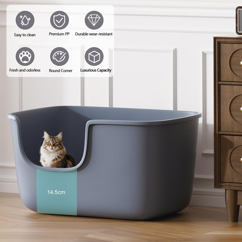 Vealind-bac-litiere-chat-base-lisse-gris, fond plat et coins arrondis pour nettoyage rapide.